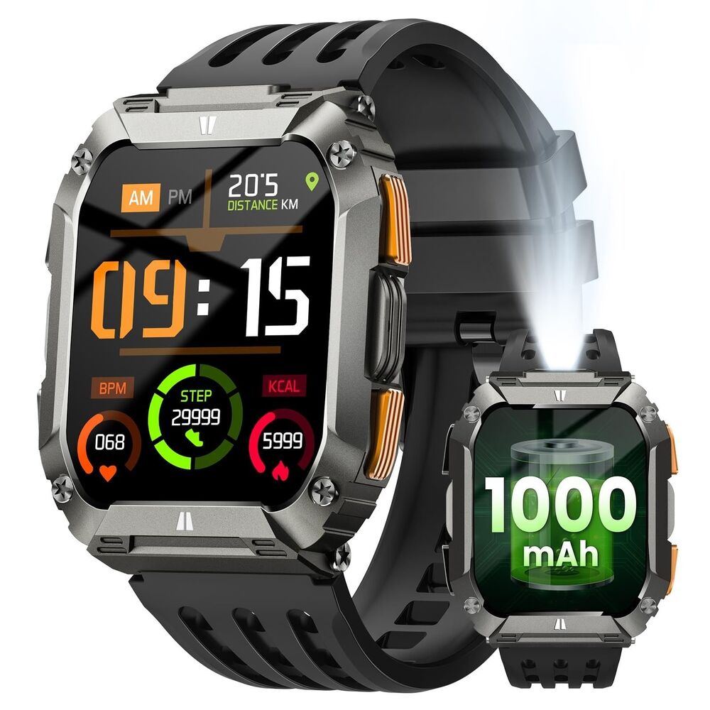 Men 100 Days Battery/Flashlight 5 ATM Waterproof Military Rugged Watch Iphone
